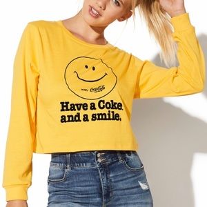 Juniors Coca Cola Long Sleeve Cropped Graphic Tee Yellow Size Large Junior